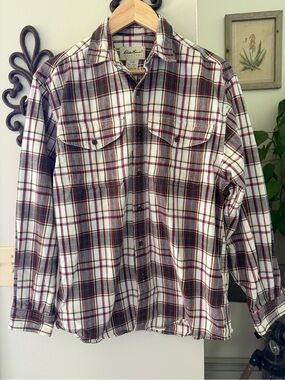 Eddie Bauer Men’s White Plaid Button-Down Shirt with Red & Green